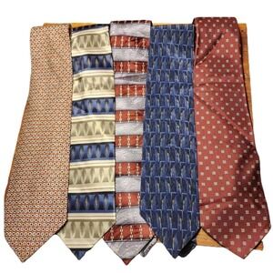 Mens Vintage Geometric Necktie Lot 5pc Mixed Patterns Burgundy Navy Olive Blue